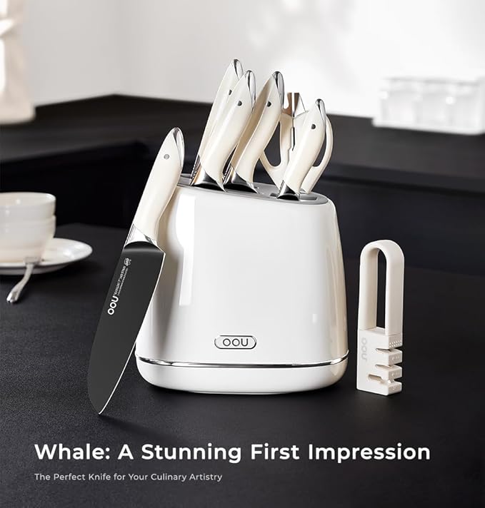 OOU Kitchen Knife Block Set - 15 Pieces High Carbon Stainless Steel Chef Knife Sets, Anti-Rust Black Knives Set with Sharpener竊똚hite