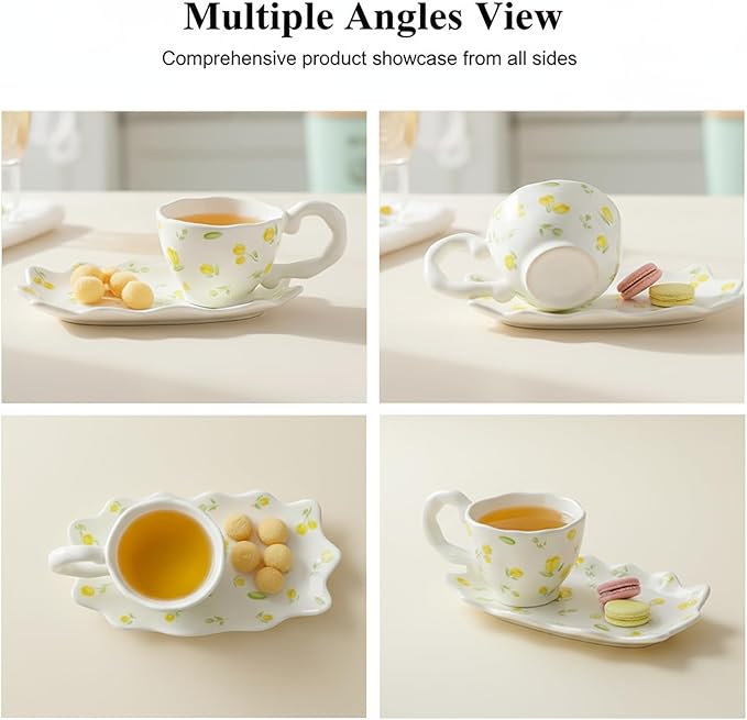 Unique Ceramic Tea Cup and Saucer Set, Coffee Mug, Cup and Saucer Set, Cute Fancy Girly Afternoon Tea Set Purse Gift, 5.4 oz/160 ml Vintage Style, For Women and Tea Parties, Yellow flowers
