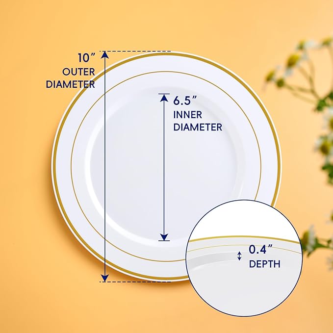 JOLLY CHEF 200 Pieces Gold Plastic Plates, 10 Inch Elegan Disposable Plates White Plate with Gold Rim,Plastic Plates for Christmas?갃irthdays and Weddings