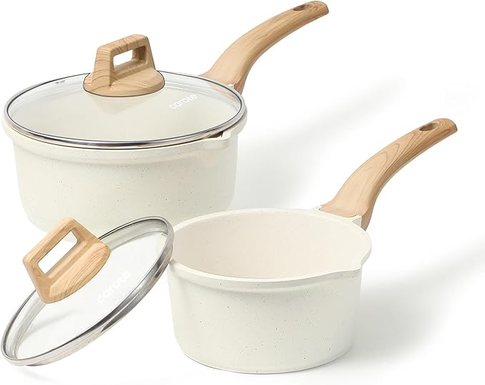 CAROTE 1.5Qt & 3.0Qt Sauce Pan Sets with Lid Cooking Pots Nonstick Saucepans Cookware Set with Pour Spout Small Kitchen Pot, Induction Comptable, Easy to Clean, PFOA FREE (White Granite)