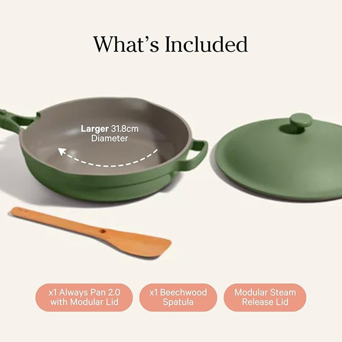 Our Place Large Always Pan | 12.5" Ceramic Pan with Modular Lid & Beechwood Spatula | Patented 10-in-1 Nonstick, Non-Toxic Cookware Made Without PFAS | Induction & Oven-Safe up to 450째F | Sage