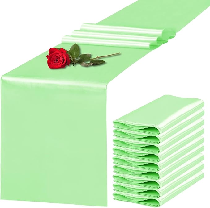 Yblut 10 Pack Satin Table Runner 12 x 108 Inch Long Green Silk Table Runner for Wedding Party Banquet Birthday Decoration