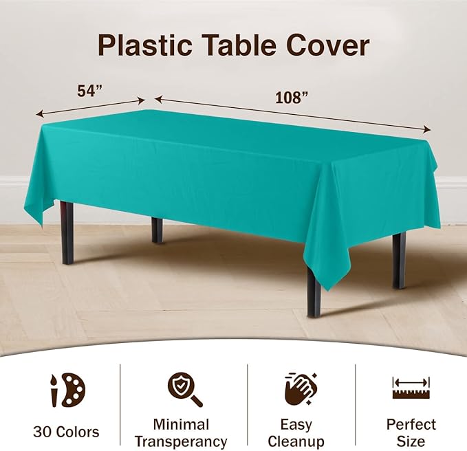 Party Solids 6-Pack Premium Plastic Tablecloth 54in. x 108in. Rectangle Plastic Table Cover - Teal