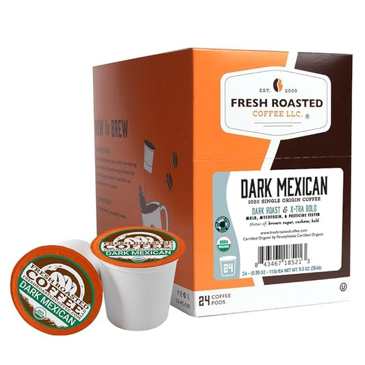 Fresh Roasted Coffee, Organic Dark Mexican | Mold & Myco 3rd Party Tested, USDA Organic, Kosher | Dark Roast 24 Pods for K Cup Brewers