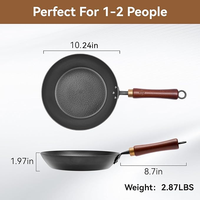 WANGYUANJI Coating-Free Carbon Steel Pan, Flat Bottom Skillet with Removable Heat-Resistant Wooden, High-Heat & Open Flame Compatible (Gas, Electric, Induction) 10.24Inch Frying Pans for Cooking