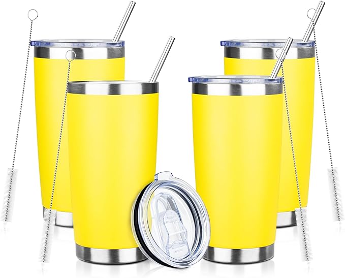 ATIKZHE 20oz Tumbler with Straw and Brush, Stainless Steel Vacuum Insulated tumbler, Double Wall Insulated Coffee Tumbler for Outdoor, Home, Travel,Office (Buff,4pcs)