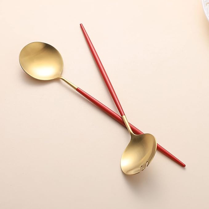 Salad Servers,Spoon and Fork Set 11.41 inch,18/10 Stainless Steel Salad Serving Titanium Plating (Red gold)