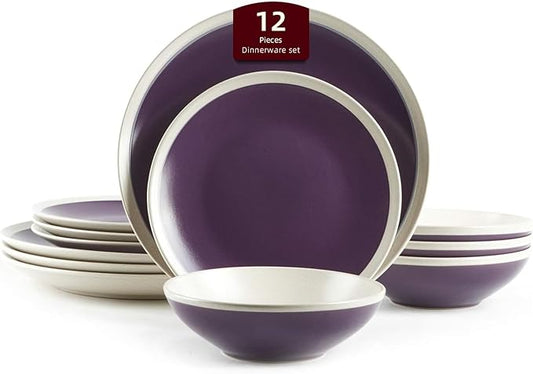 Rock Ridge Speckled Stoneware Dinnerware Set (12pc Set, Violet and Ivory)