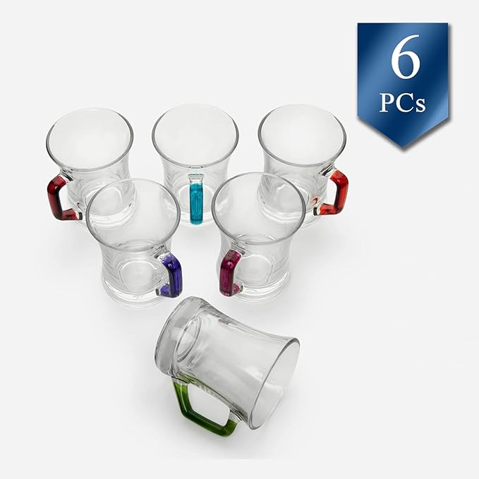 LAV Glass Tea Mugs Set of 6 | Coffee Espresso Cups, Coffee Mugs, Durable Turkish Japanese Tea Glass 7 1/2 oz (Colored Handles)