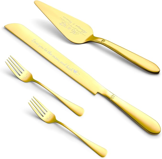 Cake Cutting Set for Wedding, Elegant Cake Knife and Server Set with Stainless Steel Forks, Cake Cutter and Pie Spatula for Engagements, Anniversary, Bride and Groom, 4Pcs, Gold