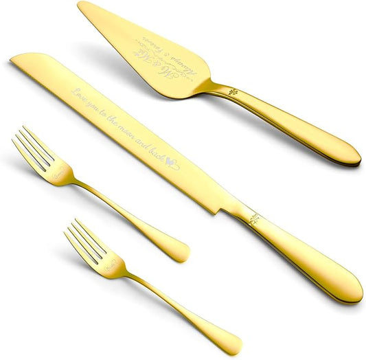 Cake Cutting Set for Wedding, Elegant Cake Knife and Server Set with Stainless Steel Forks, Cake Cutter and Pie Spatula for Engagements, Anniversary, Bride and Groom, 4Pcs, Gold