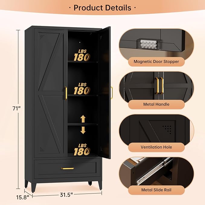71" Black Kitchen Pantry Cabinet,4-Tier Tall Metal Storage Cabinet with Drawer,Freestanding Display Steel Cupboard for Dining Room,Living Room,Hallway,Bathroom