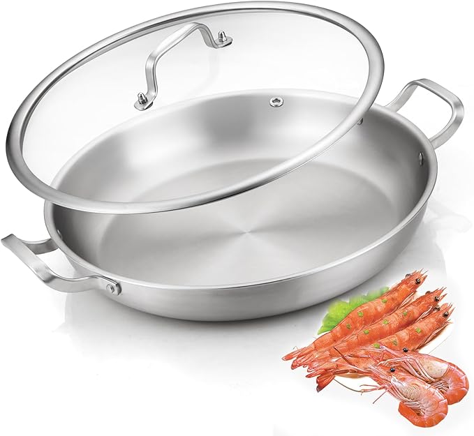 Tri-Ply Stainless Steel Paella Pan Large Saute Pan with Lid (Stainless Steel, 13.5 INCH)