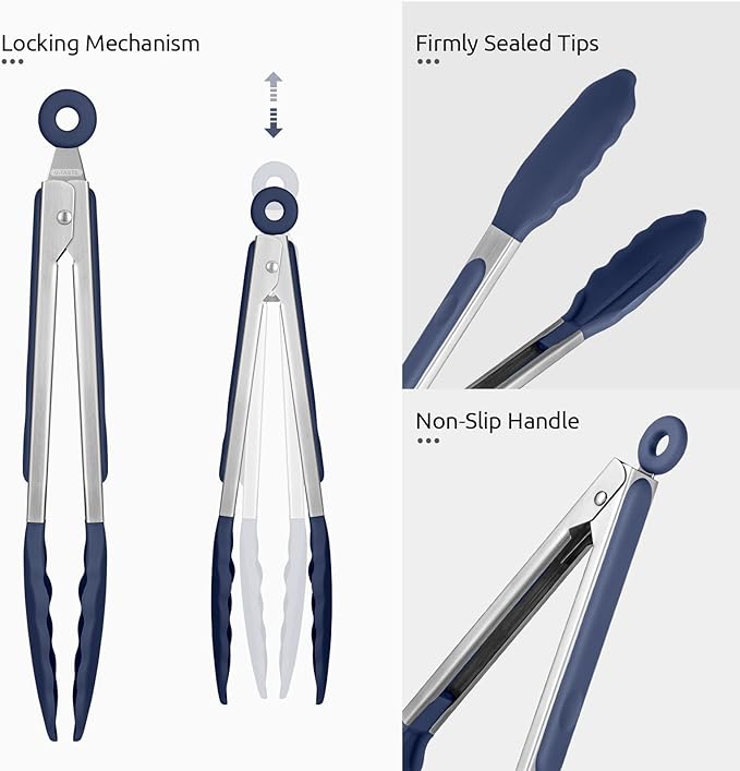 600쨘F Heat Resistant Kitchen Tongs: U-Taste 9 in Silicone Cooking Tong with Firm Sealed Non Stick Rubber Tips & Silicon Coated 18/8 Stainless Steel Handle & Smooth Lock for Serving Grill-Midnight Blue