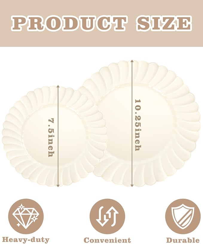 YOUBET 100PCS Ivory Scalloped Plastic Plates - Heavy Duty Disposable Fancy Hard Plates Include 50 Dinner Plate, 50 Dessert Plate, for Wedding & Party