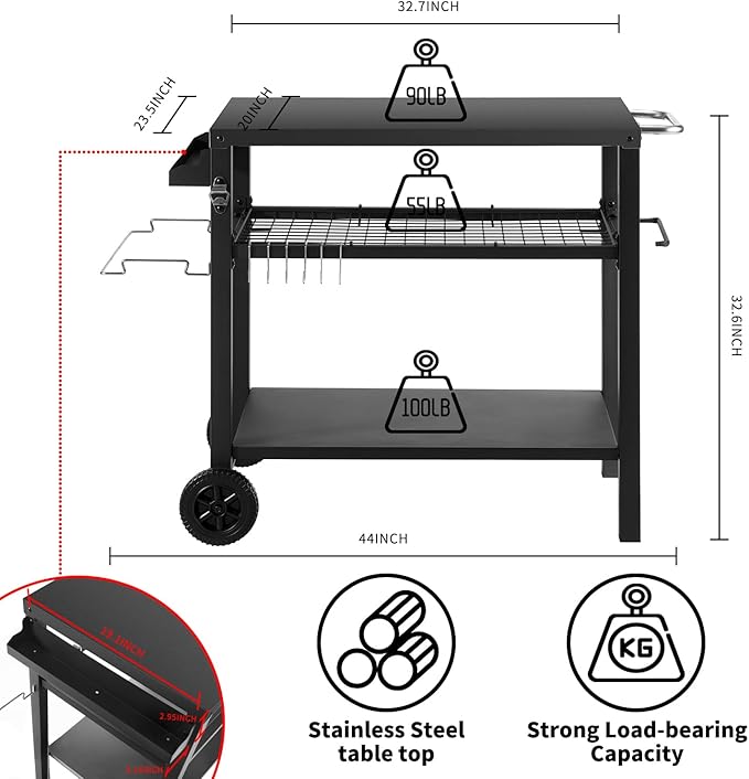Kendane Grill Cart Table with Three Shelf, Movable Outdoor Dining Cart Pizza Oven Stand with Three Hooks, Kitchen Cart Island Multifunction Food Prep Table (Black)