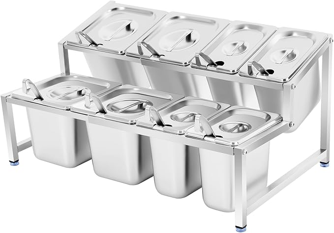 8 PCS Spice Rack Shelf, 2-Tier Stainless Steel Spice Organizer Stand with Lids and Spoons, Expandable Spice Rack for Buffets, Homes and Commercial Kitchens (4 X 1/9 Pans + 4 X 1/6 Pans)