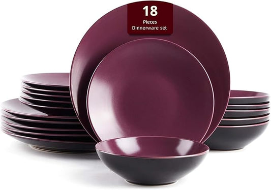 Stoneware Two-Tone Colors Life 18pc Dinner Set竊똎utside Shiny Black + Inside Matte Glaze Plum