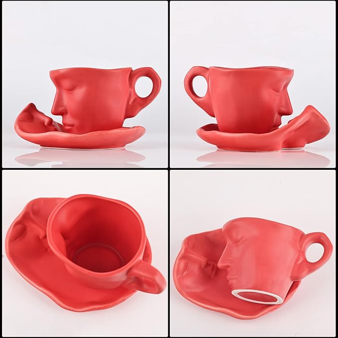 oliruim Red Coffee Cup and Saucer Set - Ceramic Unique Kissing 8.5 oz Coffee Mug Set with Spoon, Face Coffee Cup and Saucer for Valentine, Wedding, Anniversary Decor (Red)