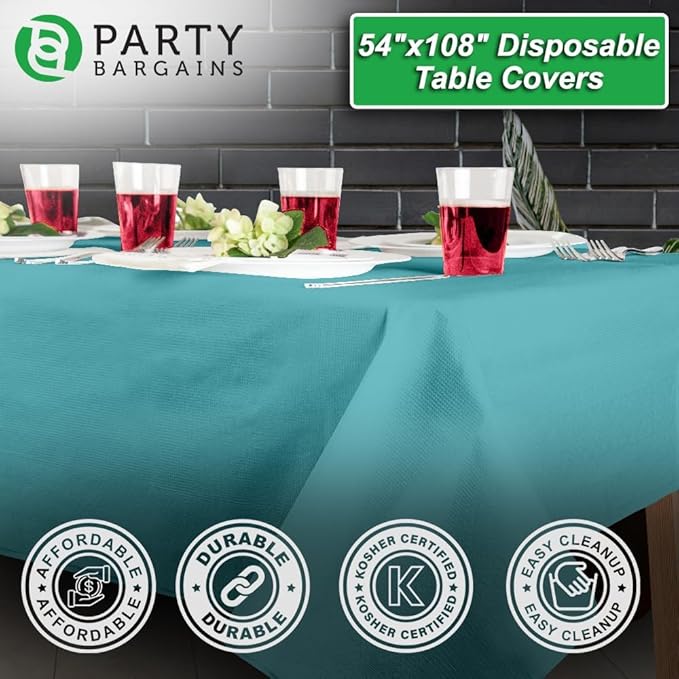 PARTY BARGAINS Disposable Table Covers, 54 x 108 Inch, Turquoise, 3-Ply Paper & Plastic Spill-Resistant Party Tablecloths, 5 Pack