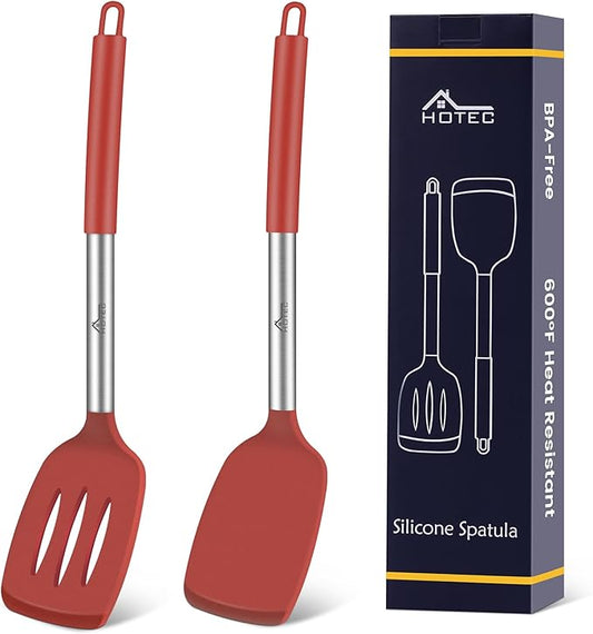 HOTEC Silicone Spatula Set of 2 Heat-Resistant 600째F & BPA-Free Kitchen SaptulaTurner with Stainless Steel Handles, Slotted & Solid Spatulas for Nonstick Cookware, 13.7 Inch, Red