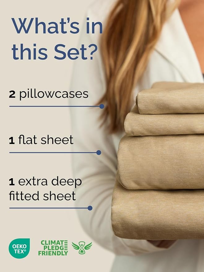 Extra Deep Pocket King Sheets - 4 Piece Breathable & Cooling Bed Sheets - Hotel Luxury Bed Sheet Set - Soft, Wrinkle Free & Comfy - Easily Fits Extra Deep Mattresses - Deep Pocket Heathered Tan Sheets