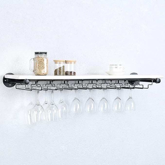 Industrial Wine Rack Wall Mounted with 5 Glass Holder,Wine Glass Rack Floating Wine Glass Shelf,36in Pipe Shelving Hanging Wood Shelves