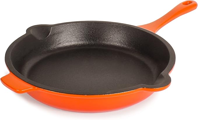 BergHOFF Neo 3Pc Enameled Cast Iron Cookware Set, Fry Pan 10 inches, Grill Pan 11 inches, Slotted Steak Press, Fast, Evenly Heat, Oven safe (Orange)
