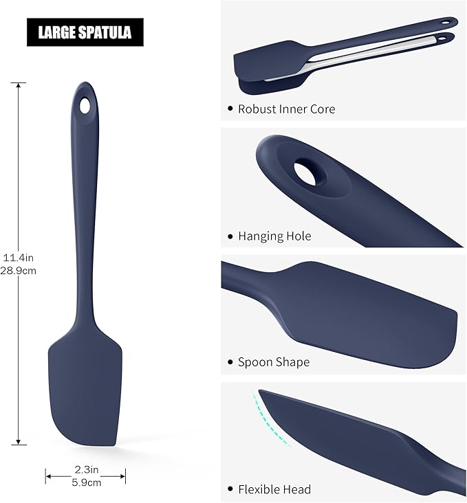 600째F Heat Resistant Silicone Spatula, Doosu High Temp Flexible Kitchen Rubber Bowl Scrapers Food Grade Seamless Baking Supplies Scratch-Proof for Scraping Non-Stick Pans (Navy Blue, 11.4in)
