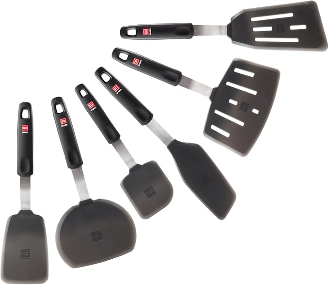 DI ORO Silicone Turner Spatula Set - Forever Warranty - Kitchen Spatulas for Nonstick Cookware - 600째F Heat-Resistant & BPA Free - Flexible & Thin Flippers for Turning Eggs & Pancakes (6 Piece, Black)