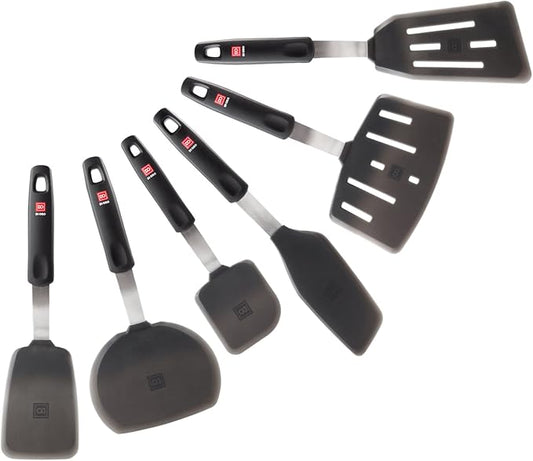 DI ORO Silicone Turner Spatula Set - Forever Warranty - Kitchen Spatulas for Nonstick Cookware - 600째F Heat-Resistant & BPA Free - Flexible & Thin Flippers for Turning Eggs & Pancakes (6 Piece, Black)