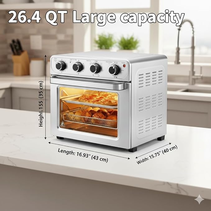 HealSmart 4-in-1 Air Fryer Toaster Oven Combo, 26QT Large Countertop Convection Oven with Bake, Broil, Roast & Dehydrate, Includes 12" Pizza Pan & Fry Basket, Stainless Steel, Energy-Efficient