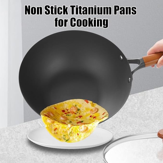 Titanium Pan with Lid, 2026 New Upgrade Uncoated Non Stick Titanium Iron Wok Pans for Cooking, Ultra-Durable, Scratch-Resistant, Even Heating Frying pans, Compatible With All Cooktops,12.6IN