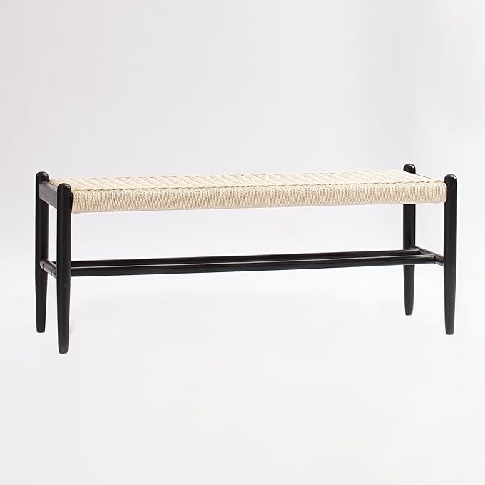 XINNAN Solid Wood Entryway Bench with Shoe Storage, Rustic Oak Wood and Woven Design 45 Inch Long Seating for Living and Dining Rooms,Black