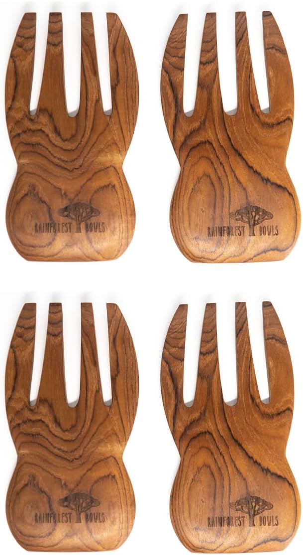 Rainforest Bowls Teak Wood Salad Serving Hands - Pair 2-Pack - Wooden Spork for Salad - 7 Inch - Artisan Made Flatware from Indonesia - Unique Handmade Kitchen/Dining Table Decor