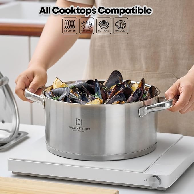 7.27-Quart Dutch Oven, Stainless Steel 3-Layer Construction with Aluminum Core, Tempered Glass Lid, Spacious Stock Pot for Boiling, Stewing, Canning ??For All Stovetops (9.84" Diameter)