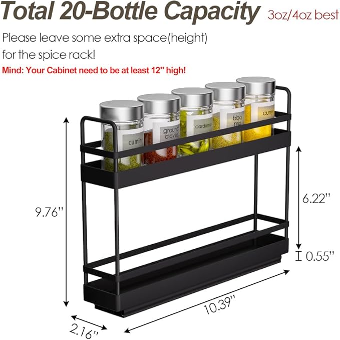Finnhomy Pull Out Spice Racks for Inside Cabinets, Whole Metal Manufacturing, Vertical Spice Rack Pull Out, Spice Organizer, 2.16" W 횞 10.39" D 횞 9.76" H, 2 Drawers & 2 Tiers, 2 Pack, Black