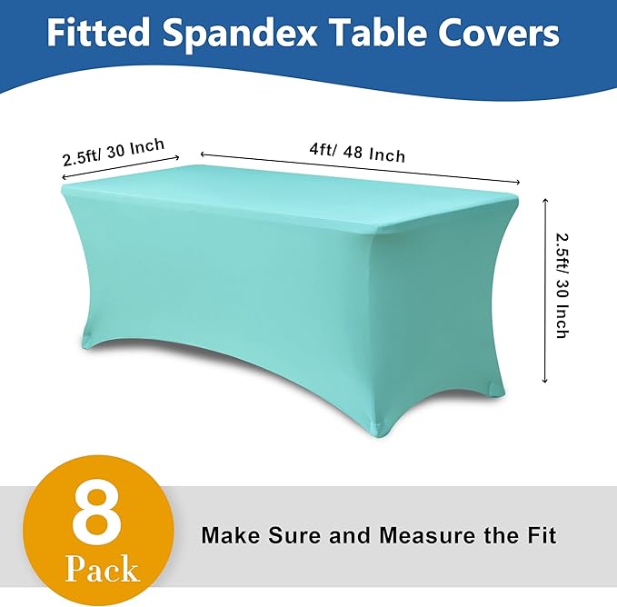 Enjoyidea Stretch Table Cover for 4ft Rectangle Tables-8 Pack Aqua Blue Spandex Table Cloths with elastic-Folding Table for Party, Wedding, Vendor Booth Display, Banquet Buffet Event, Craft Trade Show