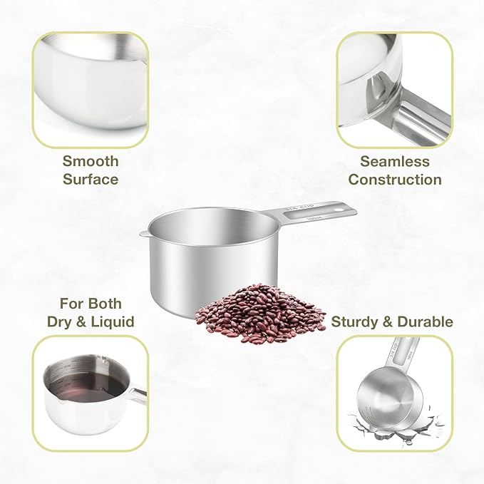 BERYLER 1PCS 3/4Cup (180ml, 6oz) Single Measuring Cup, Etched Inner Scale Stainless Steel Measure Scoop, Metric and US Measurement, Dishwasher Safe