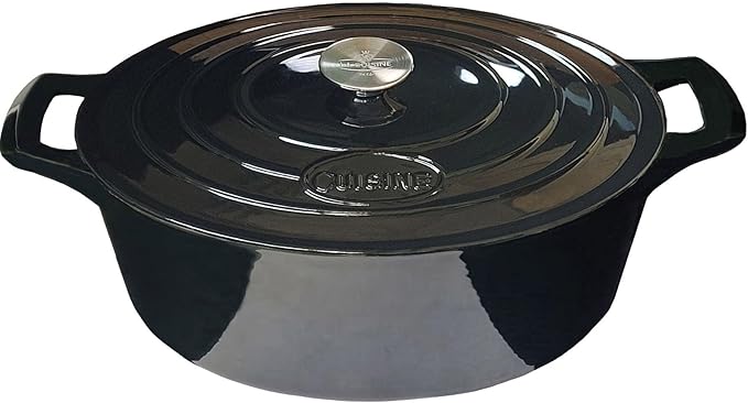 La Cuisine 6240MB Enameled Cast Iron Oval Dutch Oven Casserole 6.75 QT 33x25x16cm Matte Black Enamel Interior, Glossy Black Porcelain Enamel Coating Exterior