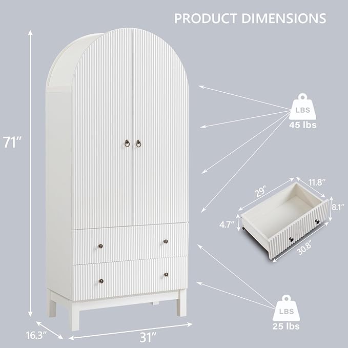 71" Tall Arched Pantry Cabinet, Fluted Kitchen Storage Cabinet with Adjustable Shelves and 2 Large Drawers, Freestanding Morden Versatile Cupboard for Living Room, Bathroom, White