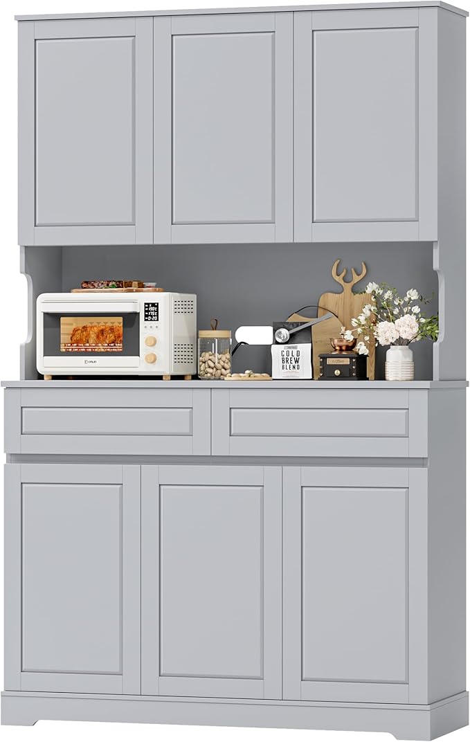 FACBOTALL 74" Pantry Cabinet, Tall Kitchen Pantry Cabinet with 6 Doors and 2 Drawers, Kitchen Hutch with Wide Countertop, Modern Kitchens Cupboard with Adjustable Shelves and Charge Holes, Grey