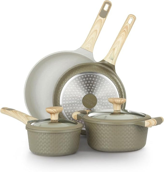 Bamb첫 6Pcs Cookware set, Die-cast Aluminum pots and pans, Nonstick frying pans and casseroles, Induction safe, PFOA-free (Green and Cream, 6 pcs)