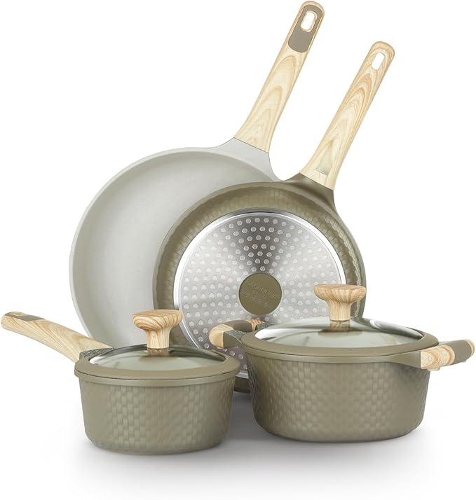 Bamb첫 6Pcs Cookware set, Die-cast Aluminum pots and pans, Nonstick frying pans and casseroles, Induction safe, PFOA-free (Green and Cream, 6 pcs)