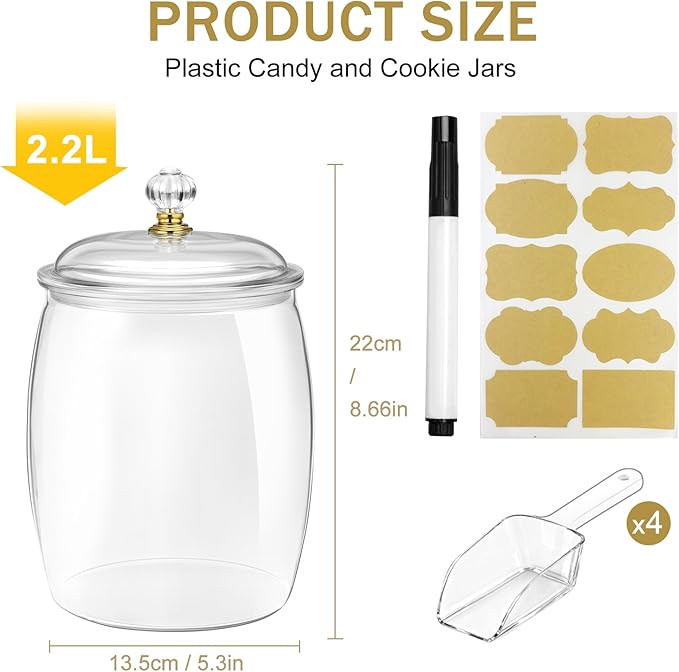 4 Pcs Candy Jars with Lids,Plastic Cookie Storage Jar Airtight Food Storage Containers Includes 4 Spoons + Label Stickers & Pen, 2.2L Clear Apothecary Jars for Kitchen Counter