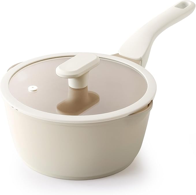 PRICUSIS Ceramic Nonstick Saucepan with Lid, 2.7 Quart Non Toxic Pot with Pour Spouts, Full Coated, 100% Dishwasher Safe, Induction Compatible & Oven Safe, PTFE PFAS & PFOA Free, Coconut White