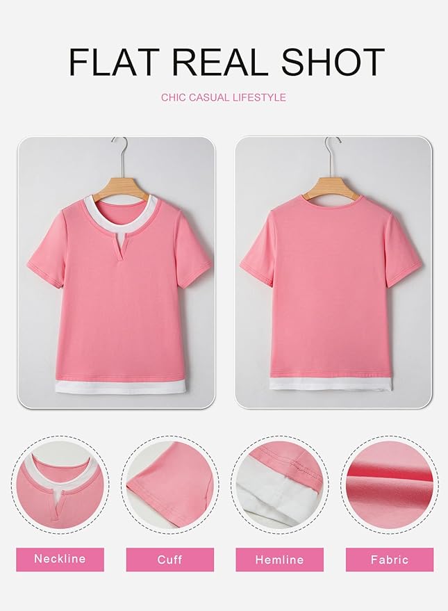 SHEWIN Womens Tops Casual Crewneck Color Block Short Sleeve Mock Double Layer T-Shirt Summer Outfits for Women 2026