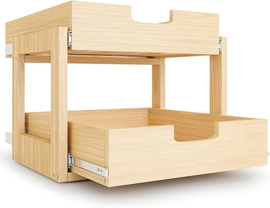 Pull Out Cabinet Organizer, 26''W횞21''D횞16''H Soft Close Slide Out Wooden Pull out Drawers, Double Tier Slide out Wood Cabinet Organizer, for Base Cabinet Organization in Kitchen, Pantry, Bathroom