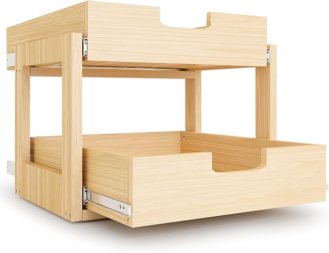 Pull Out Cabinet Organizer, 17''W횞21''D횞16''H Soft Close Slide Out Wooden Pull out Drawers, Double Tier Slide out Wood Cabinet Organizer, for Base Cabinet Organization in Kitchen, Pantry, Bathroom