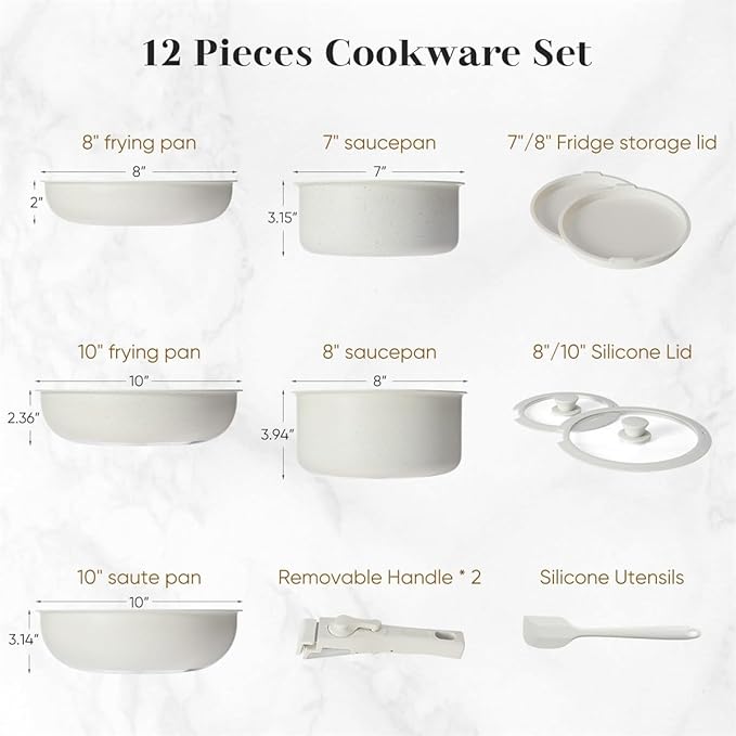 12 Pcs Pots and Pans Set, Nonstick Kitchen Cookware Sets Detachable Handle, Induction Healthy Non Stick RV Cookware, Dishwasher 竊?Oven Safe, Beige